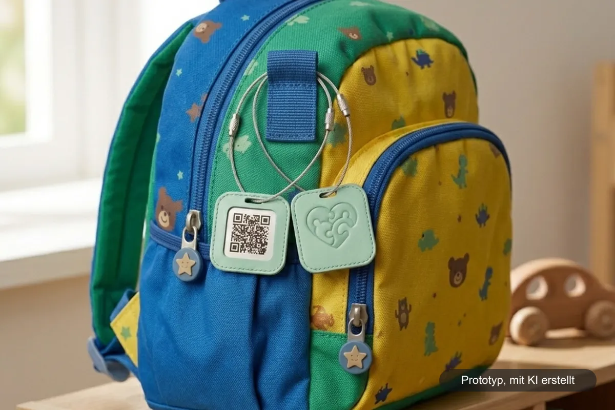 Der InkluCard-Anhänger mit QR-Code und Puzzle-Herz-Logo an einem bunten Kinderrucksack