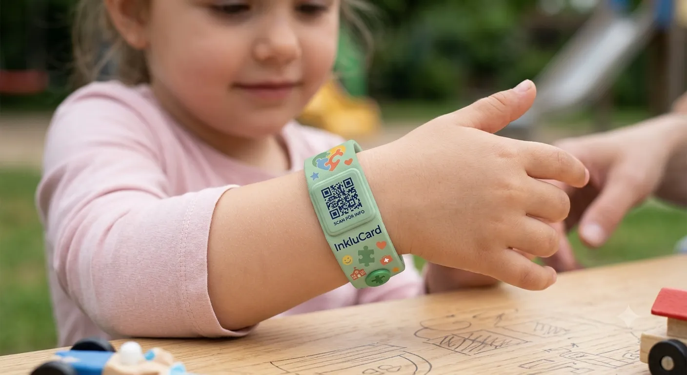 Kind mit dem sage-grünen InkluCard-QR-Armband am Handgelenk, draußen an einem Spieltisch