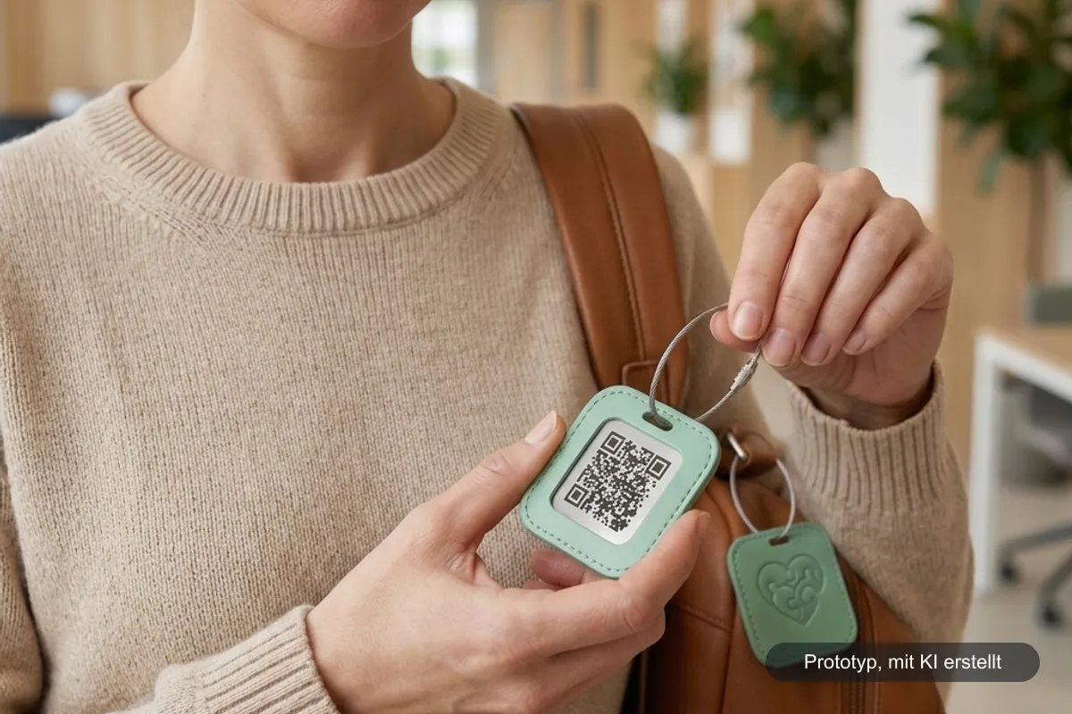 Eine Frau hält den InkluCard-Anhänger mit QR-Code in der Hand, am Rucksack hängt der zweite Anhänger mit Puzzle-Herz-Logo