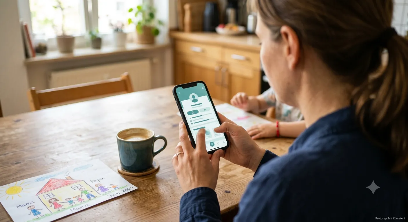 Eine Mutter am Küchentisch schaut auf ihrem Smartphone das InkluCard-Profil ihres Kindes an, daneben eine Kaffeetasse und eine Kinderzeichnung