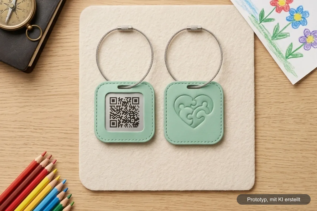 Zwei InkluCard-QR-Anhänger auf einem Schreibtisch: einer mit QR-Code, einer mit dem Puzzle-Herz-Logo, daneben Buntstifte und eine Kinderzeichnung